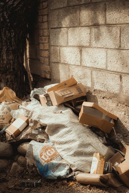 A pile of discarded cardboard boxes, some flattened and others partially assembled, are situated against a rough concrete wall in an outdoor environment. The boxes vary in size and are primarily brown